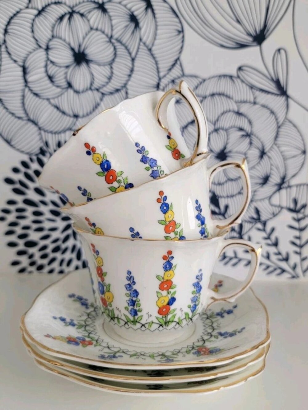 Vintage Foley teacup and saucer set x3, Hollyhock pattern, small crack x2 cups